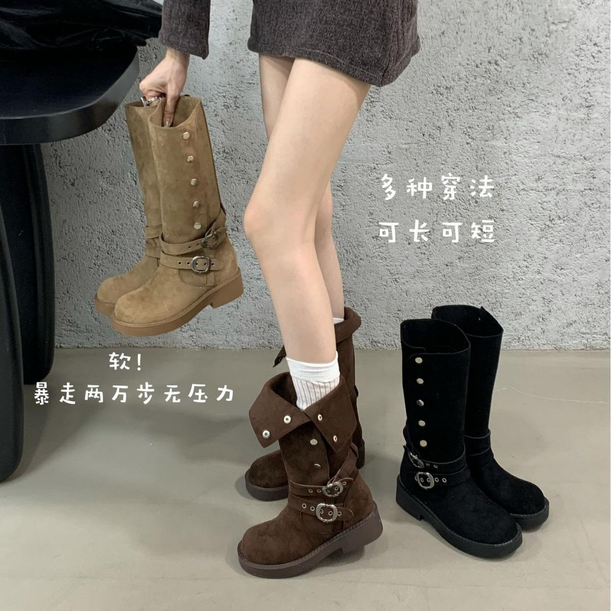

2025 autumn new autumn button two wear round head thick heel thick bottom knight thin medium tube Martin female hot girl boots 39 хаки