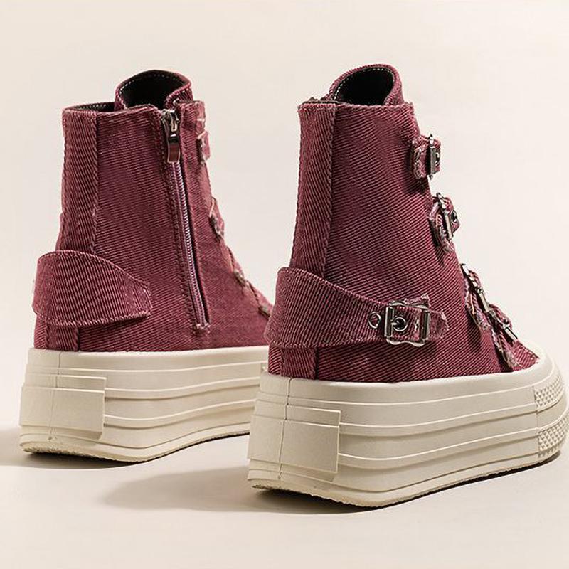 Women's High Canvas Shoe Design Buckle Strap Zip Simplicity Female Shoes Street Grace Waling Shoes