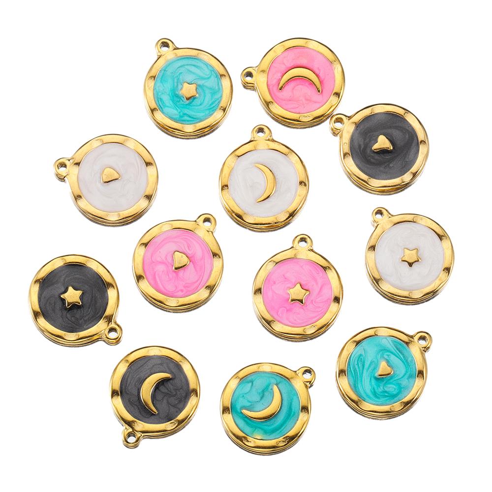 5pcs Gold Color Stainless Steel Enamel Moon Love Medal Heart Charms Pendants for DIY Earrings Necklace Jewelry Making Supplies