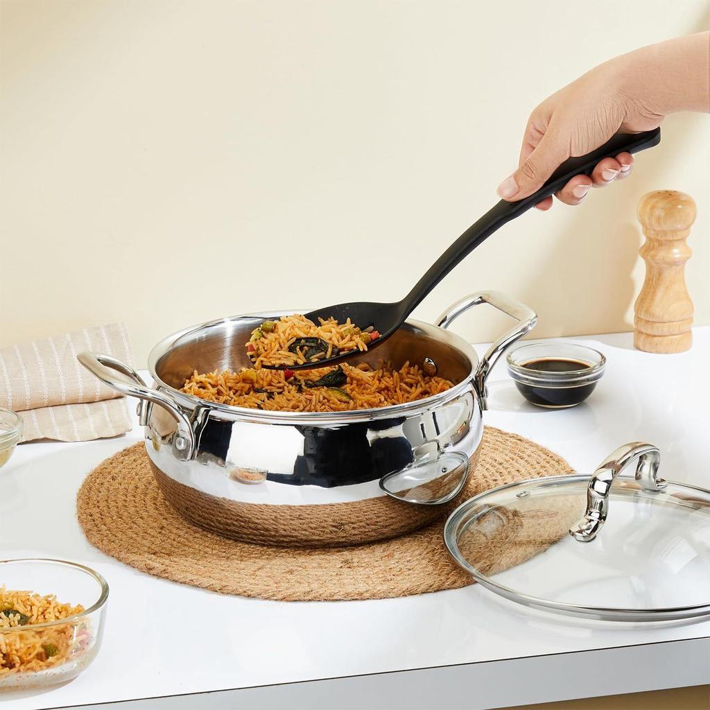 Triply Handi 20 Cm with Glass Lid | Stainless Steel | Uncoated | 3 Liter | Silver