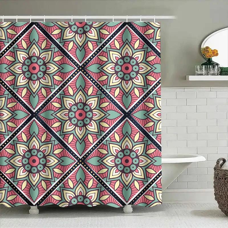Decorative Mandala Shower Curtain with Floral Pattern Multicolor Bath Mat Set for Bathroom Decor 72 x 84 inches (183cmx213cm)