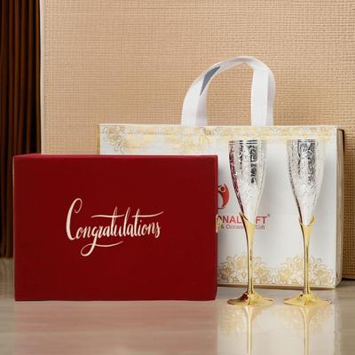 German Silver Wine Glass/Winee Goblet Set of 2 Pieces Glass | 'Congratulations' Tag with Velvet Box & Carry Bag