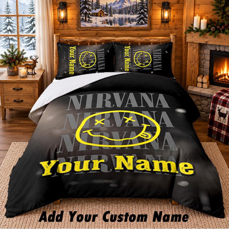 Σετ Κλινοσκεπασμάτων με Σχέδιο Nirvana 3 Τεμαχίων Προσαρμοσμένο Όνομα, Σεντόνι και Μαξιλαροθήκες Για Υπνοδωμάτιο Σπιτιού