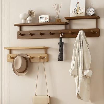 Bamboo Wall Mount Coat Hook Rack with Floating Storage Shelf Entryway Organizer for Hallway Bathroom Living Room