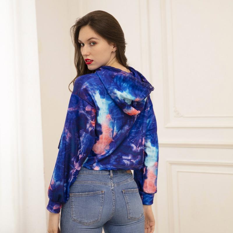 Nou Toamnă și Iarnă pentru Femei Hanorac Scurt cu Buricul la Vedere cu Glugă Imprimat Tie-Dye Top cu Mâneci Lungi