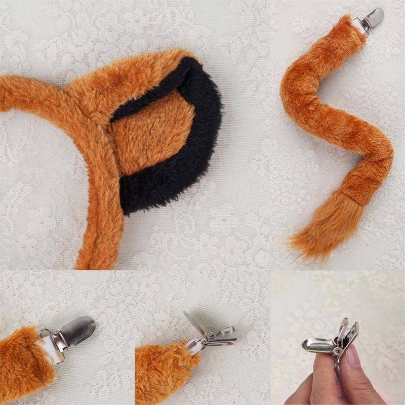 Lions Cosplay Set Dogs Ear Hair Hoop False Nose Brown Mesh Skirt Plush Tail Bowtie Lions Ear Headband for Halloween