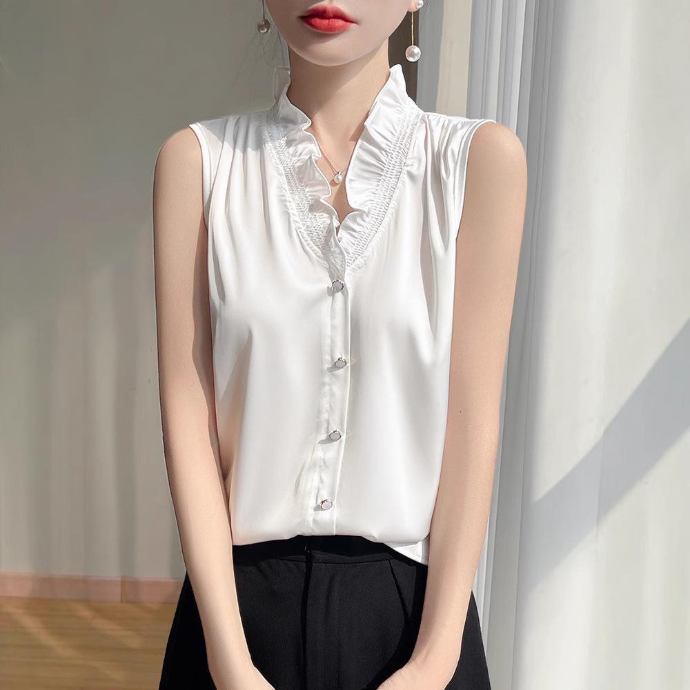 VEZFAA Damenmode Casual Sommer Frühling Einfarbig Druck Ärmellose Blusen & Hemden