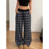 Pantaloni Casual Lunghi a Quadri con Vita Elastica e Gamba Larga, Stile Vintage Rilassato, per Donna