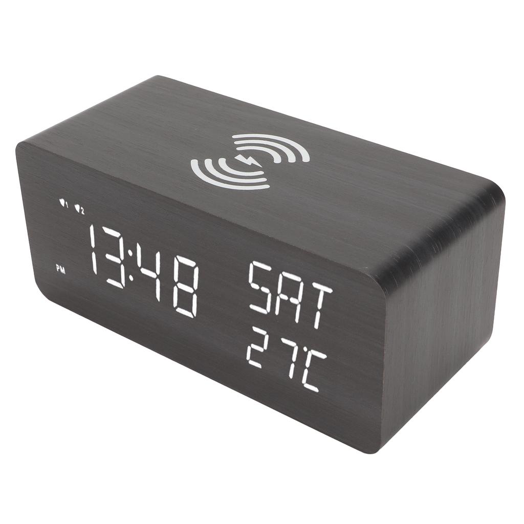 Wooden Digital Alarm Clock with Wireless Charging Black Adjustable Brightness Volume Bedroom LED Clock