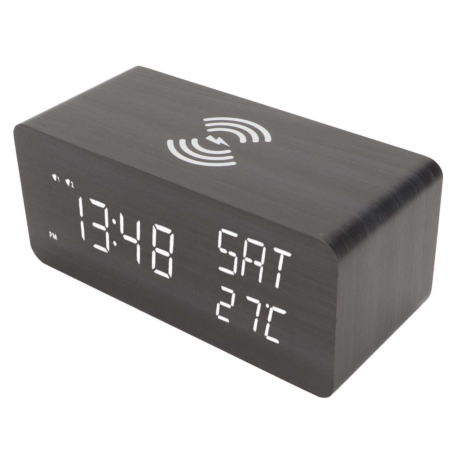 

Wooden Digital Alarm Clock with Wireless Charging Black Adjustable Brightness Volume Bedroom LED Clock