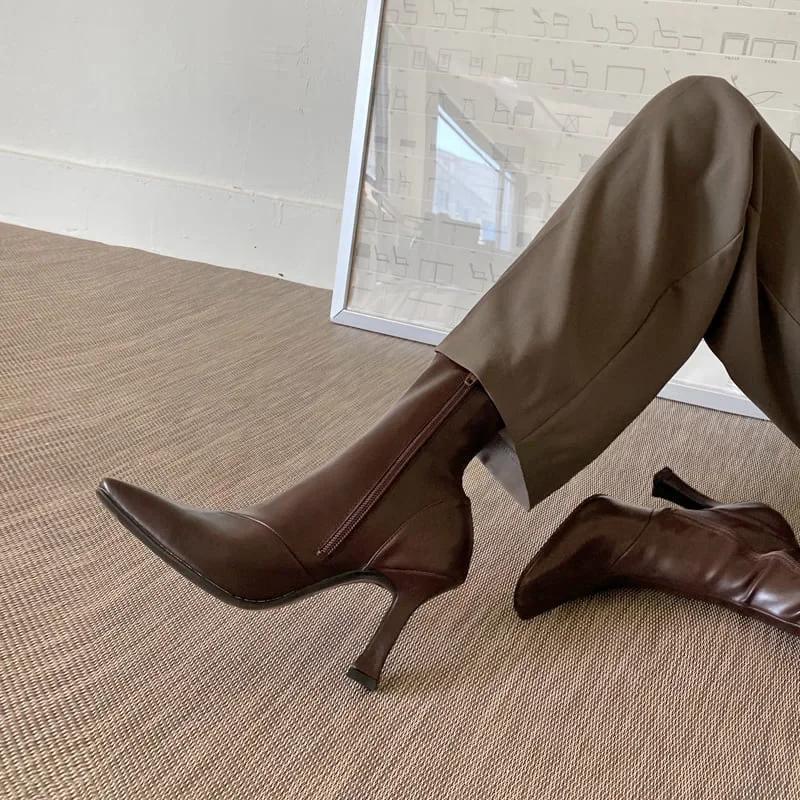 Women High Heel Short Leather Boots  New Boots Female Pointed Thin Heel Boots Ladies Ankle Short Boots