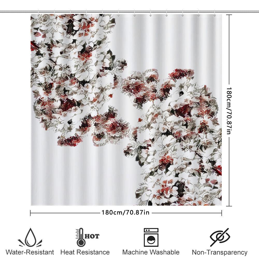 Artistic Floral Print Shower Curtain White Black Red Modern Home Decor Bathroom Accessories Waterproof Bath Mat Cover Size 69X70