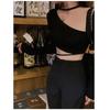 Straps Chic Slanted Shoulders Sexy Neck Pure Desire Spice Girl One-word Long-sleeved T-shirt Women's Slim Top Autumn Short Navel