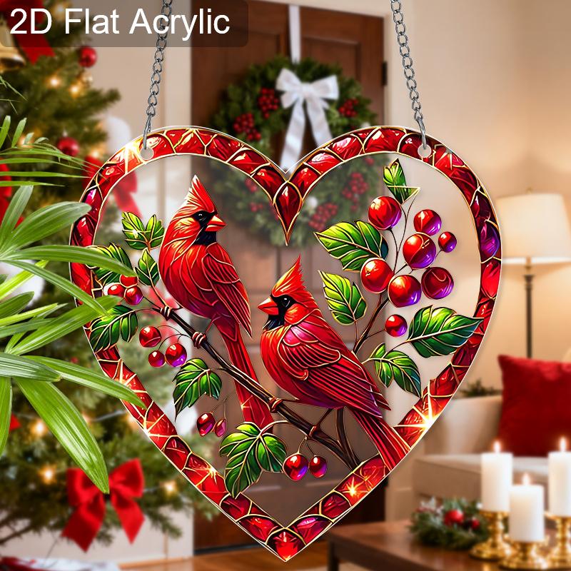 Acrylic Heart-Shaped Cardinal Birds Christmas Suncatcher Stained Glass Effect Window Hanging Ornament Bird Lover Holiday Gifts