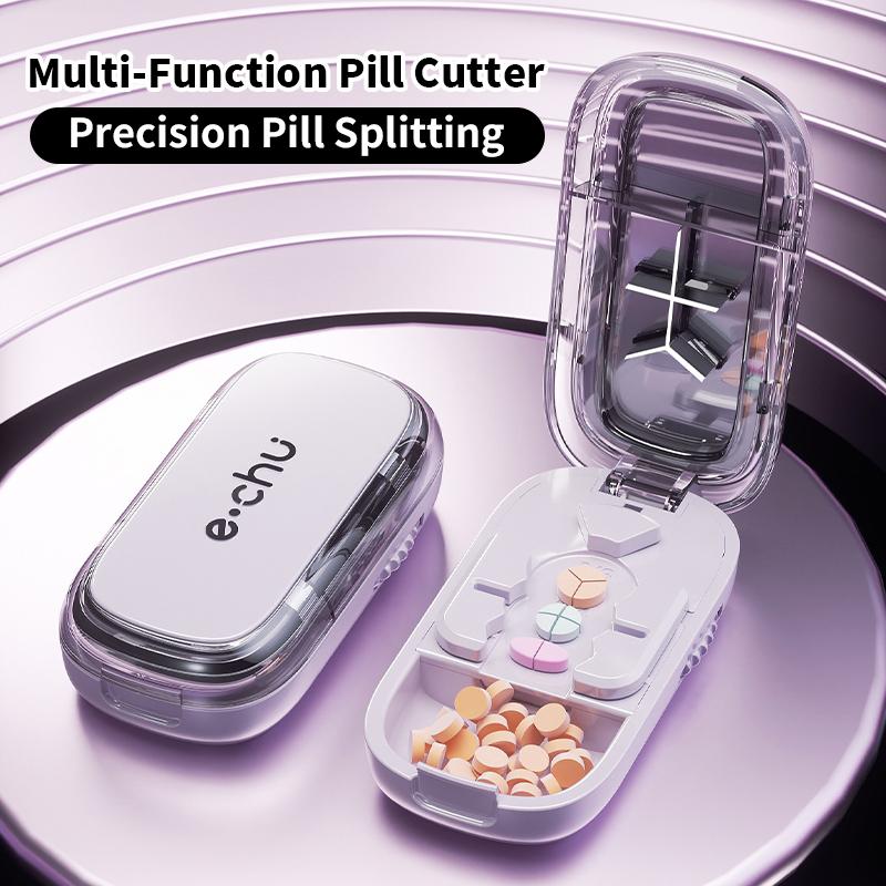3 Blades Pill Cutter with Pill Storage for Multiple Sizes Safety Blade Guard Sliding Adjust The Size Portable Pill Splitter