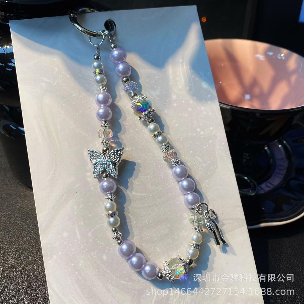 Ins Style Alloy Butterfly Phone Chain Rope Handmade Beaded Hanging Chain Pearl Keychain Bag Hanging Rope Pendant Rope Accessories