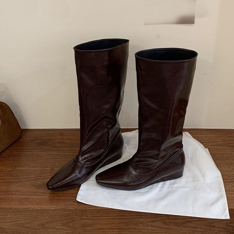 Fashion Fashion Low Heel Footwear Women Knee High Western Boots Wedges Shoes Pointed Toe Ladies Modern Boots Female Slip On Shoes
