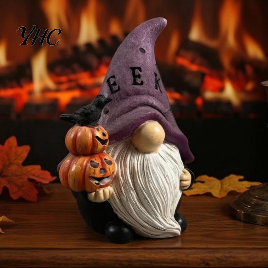Skeleton Crow Figurine Set Halloween Gnome Statue, EEK BOO Resin Elf Dwarf with Pumpkin Cute Desk Accessories Skull, Spooky Tabletop Ornament