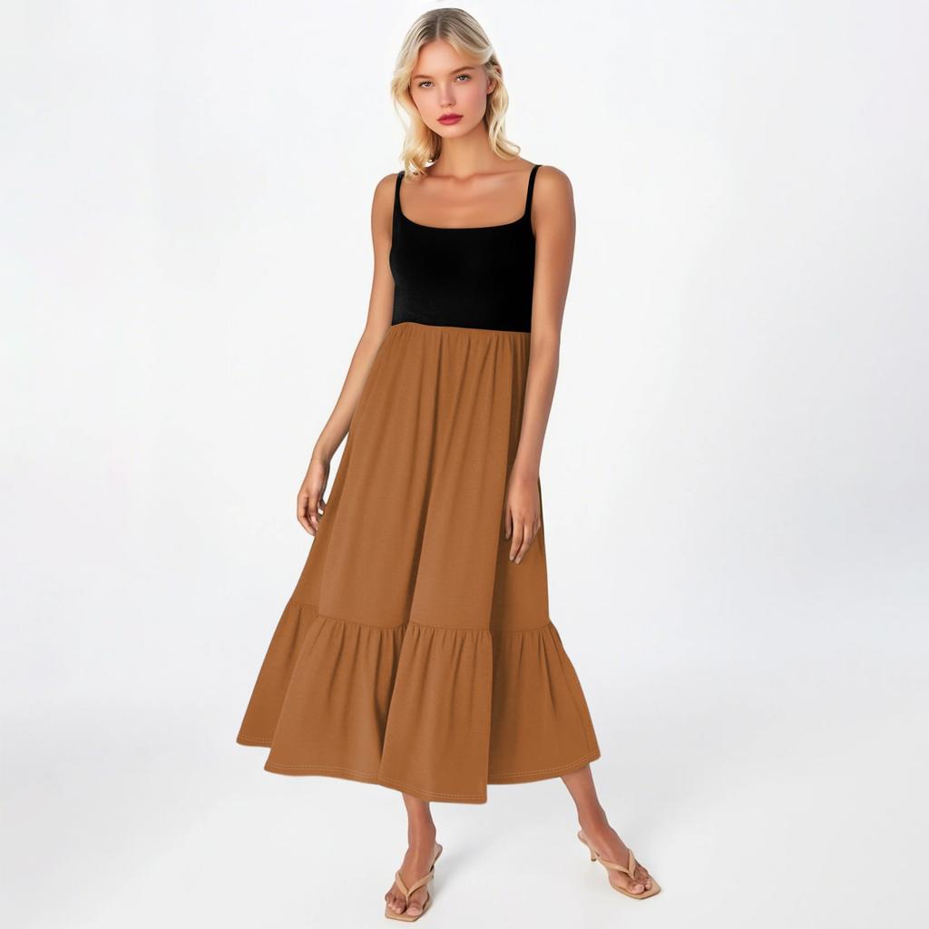 Women's Long Beach Casual Elegant Spaghetti Strap Maxi Dress Stitching Low-key Flowing Bohemian Dress