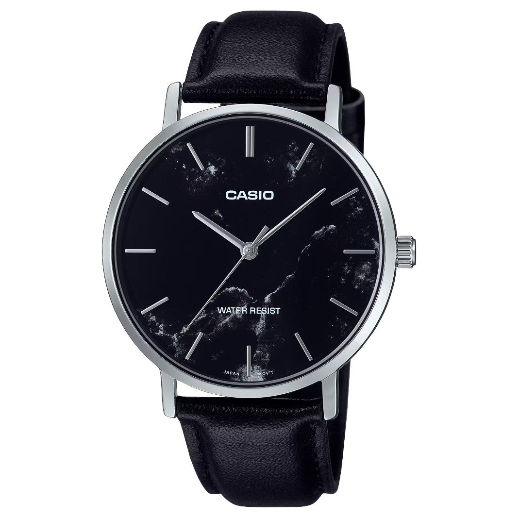Casio Life Waterproof Quartz Movement Leather Strap Watch Men Watches Black MTP-VT01LM-1A Black Dial
