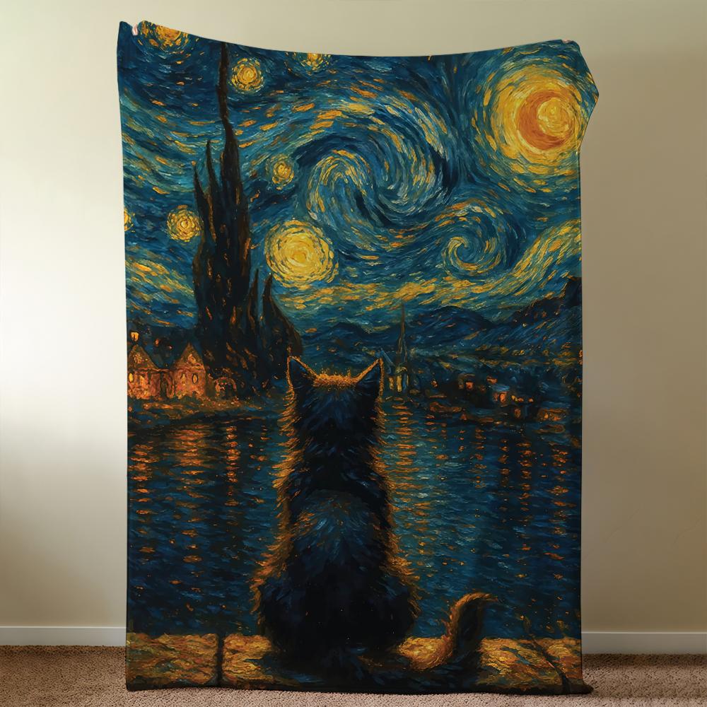 Starry Night And The Cat Blanket Throw Super Cosy Plush Living Room Sofa Couch Childish Birthday Gifts