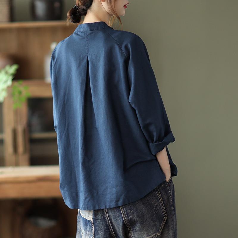 Koszula damska wiosenna vintage z bawełny i lnu, literacka, luźna, z długimi rękawami i klapami, wszystko na górze