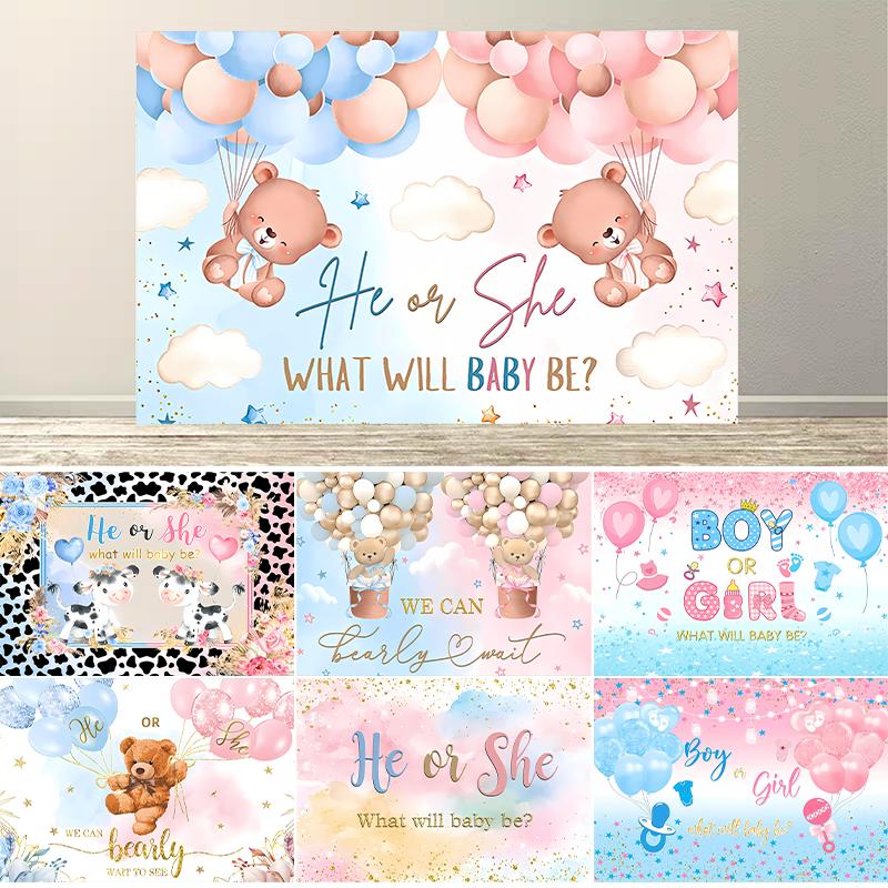 Dewprint Gender Reveal Backdrop Pink or Blue Baby Shower Decoration Banner Pink Blue Clouds Stars Balloons Photography Prop
