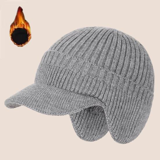 Men Knitted Hat Extended Brim Ear Protection Solid Color Knitting Hat Thickened Plush Lining Winter Warm Hat