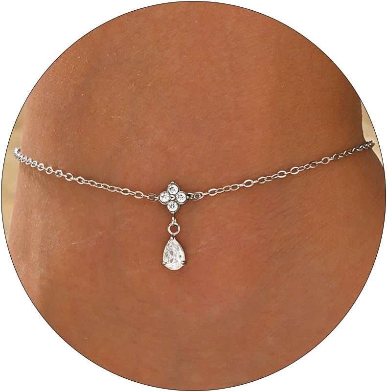 18K Gold Plated Flower Waterdrop CZ Ankle Bracelet for Women Teen Girl, Dainty Trendy Summer Waterproof Beach Foot Chain Jewelry