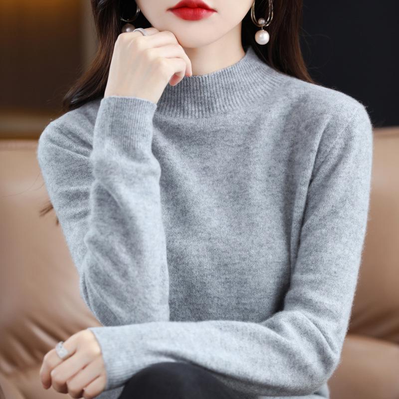 Women's Pure Wool Ribbed Sweater - Autumn/Winter Loose Fit Semi-High Neck Pullover