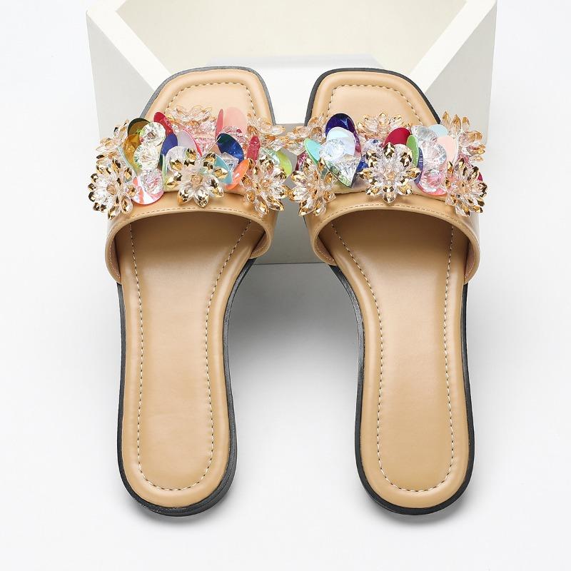 Fashion Colorful Rhinestone Flower Decoration Flat Slippers Women Lightweight Comfortable Slide Sandals Summer Beach Sandals for Women