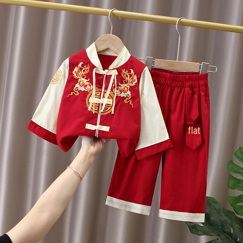 Chinese Style Summer Hanfu Set: Baby Boy's 1st Birthday Retro Short-Sleeved Tang Suit