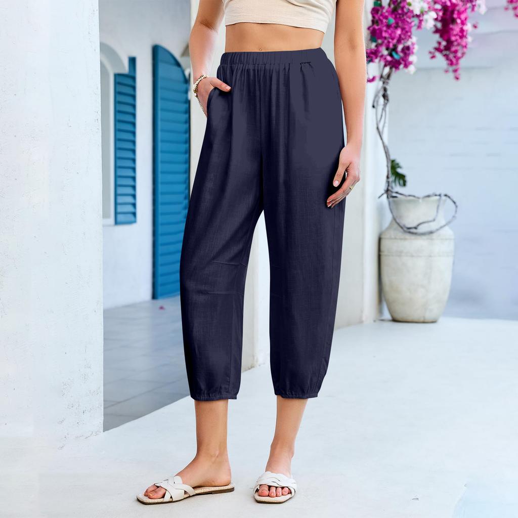 Women’s Elastic Waist Cropped Pants Casual Loose Fit Lightweight Trousers with Pockets for Daily Wear Travel Office