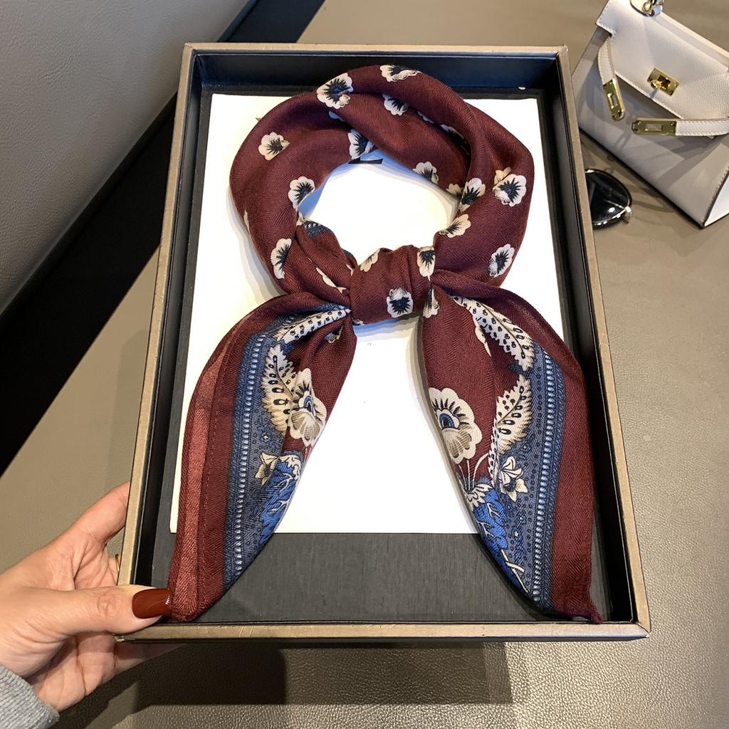 High-end Herringbone Silk Cotton Silk Scarf Women's Spring and Autumn New Versatile Decorative Scarf Shawl Fashion Printed Small Square Scarf