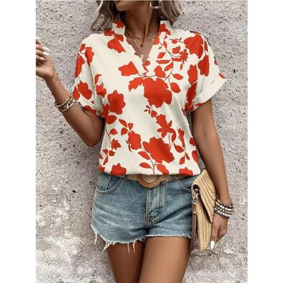 Women's Casual Loose Floral V-neck Short-sleeved Printed Blouse