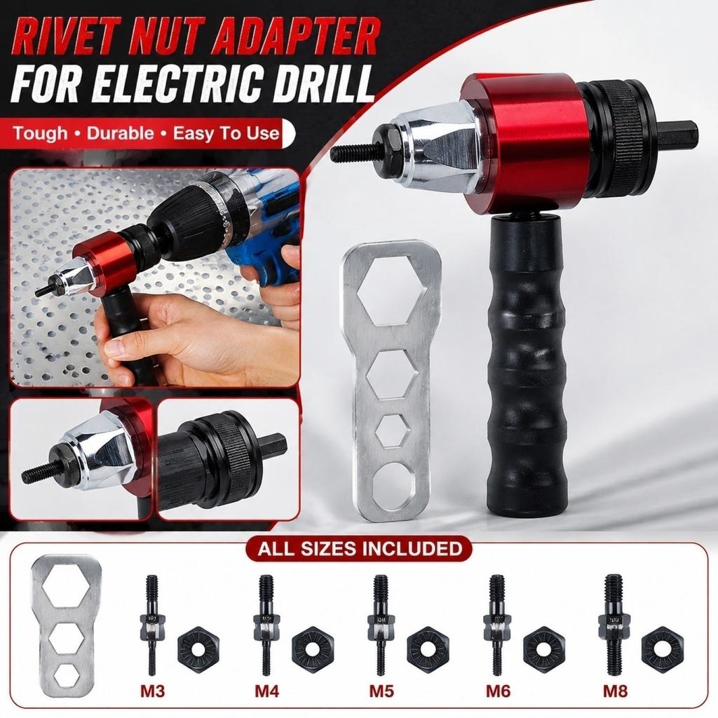 Electric Rivet Nut Gun Adapter Kit with Handle and Multiple Mandrels for Cordless Drill Riveting Tool and Rivet Nut Installation