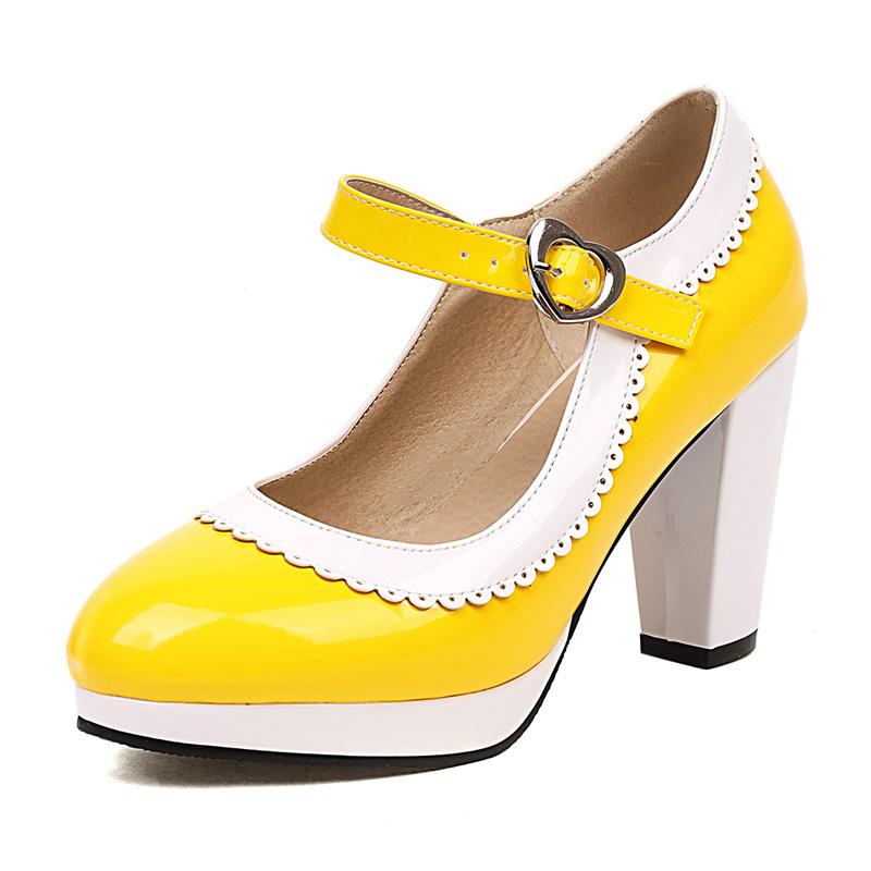 

Blue Platform Mary Janes Women High Block Heel Pink Red Bordered Patent Leather Party Dress Lady Sweet Heart Buckle Lolita Pumps 40 жовтий