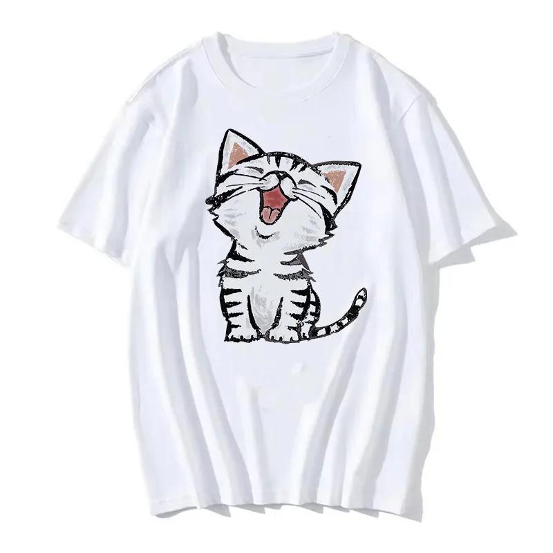 90s Women T Shirt Korean Version Cartoon Cat Group Printed T-Shirt Casual Short Sleeve Couples T-Shirt Funny Cat Streetwear