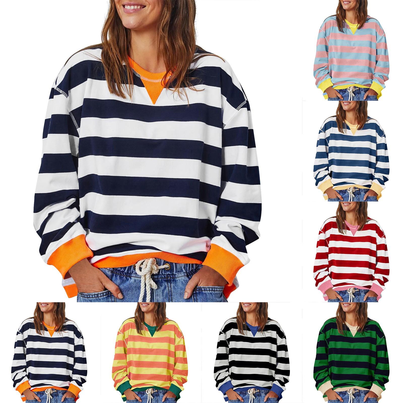 

Женская модная повседневная толстовка с круглым вырезом и длинными рукавами в полоску