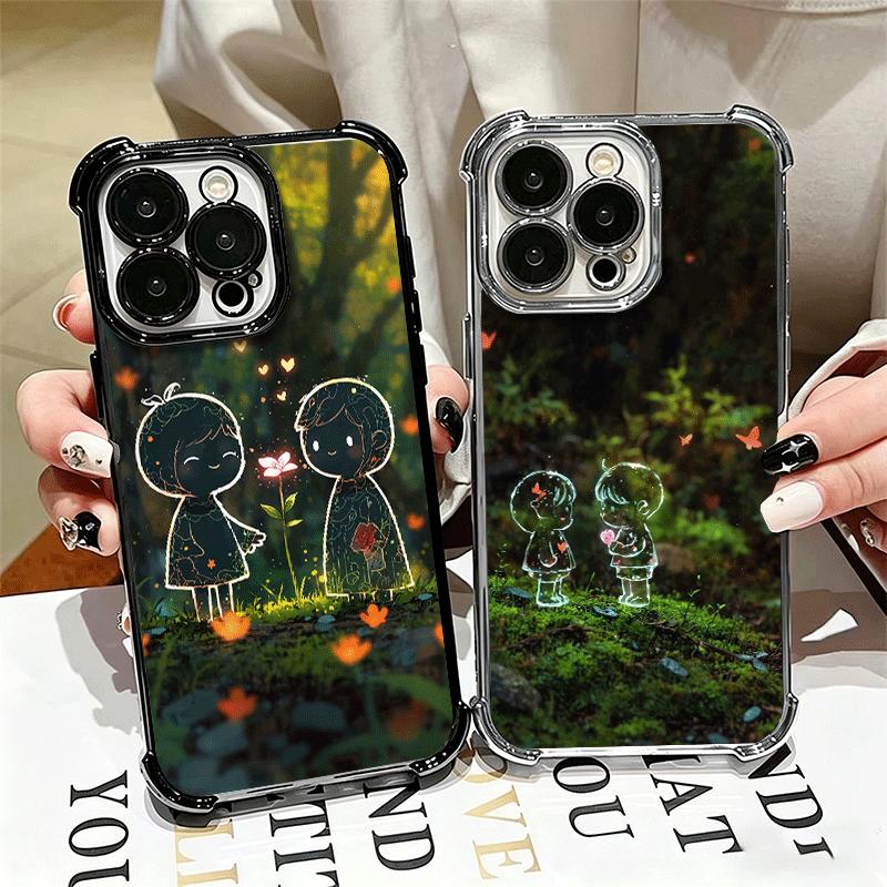 Nature Cute Child Painting Style Plating Phone Case For Iphone 16 17 Pro Max Air 16E 14 15 Plus 12 13 Mini Anti-Fall Airabag Cov