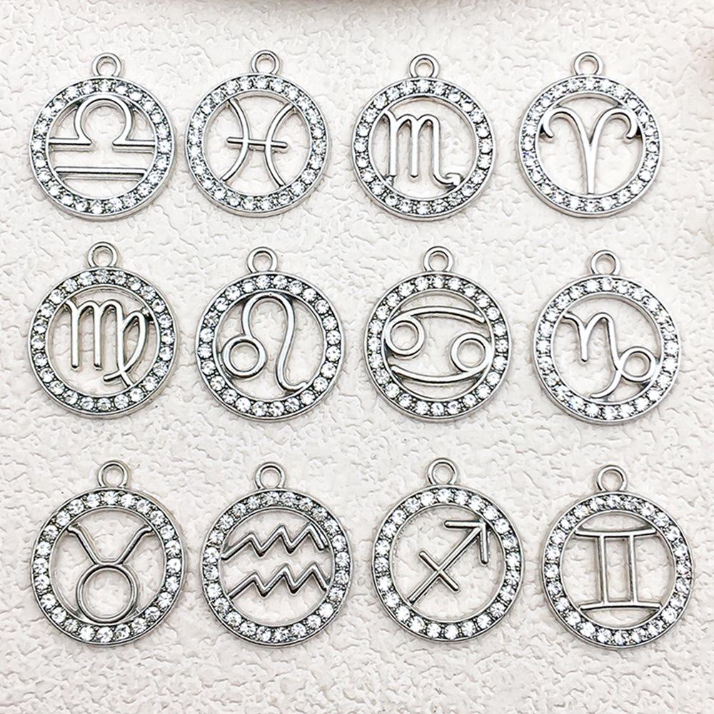 Zodiac Diamond-Studded Round Pendant Jewelry Set: Keychain, Bracelet, Necklace, Earrings