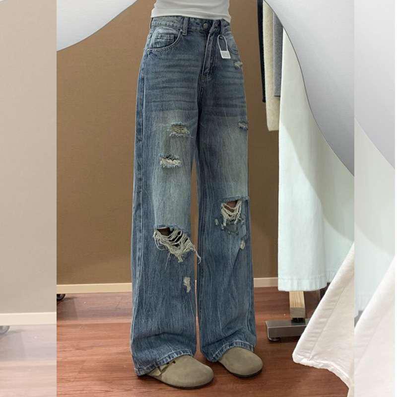 

Autumn 2026 Versatile Slimming Ripped Wide-Leg Plus Size American Style Women s Jeans XS светло-синий