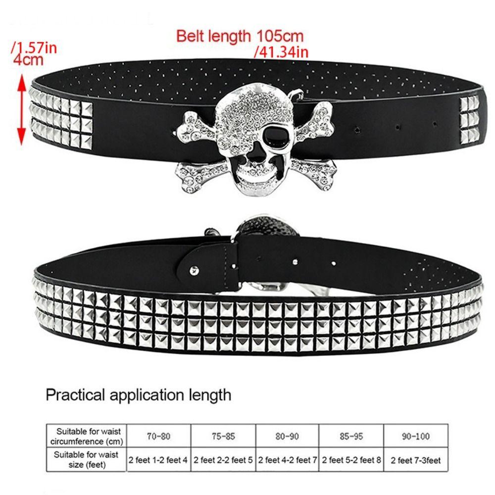Jeans Decor Rhinestone Skull Wide Waistband Adjustable Hip-hop Black Rivet Belt Punk Y2K Skeleton Belt Trouser Decoration