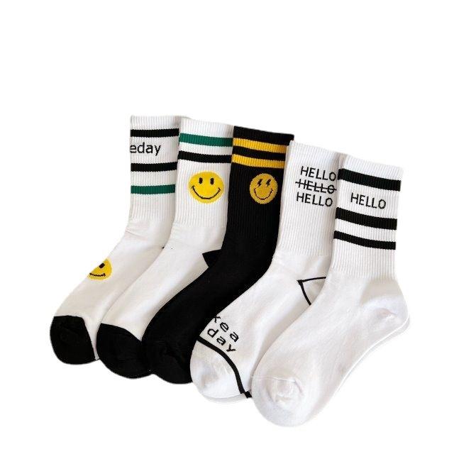 

5 пар корейских носков с надписью «смайлик» в студенческом стиле, полосатые спортивные чулки