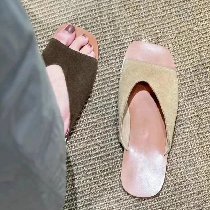Fashion High Quality Faux Suede Square Toe Designer Brand Sandals Women Summer Sexy Open Toe Flat Sandal Comfortable Vacation Beach Shoe