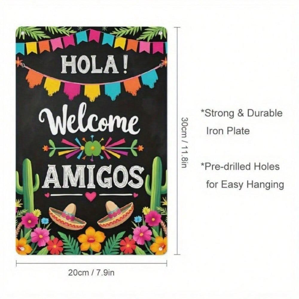 Hola Amigos Iron Wall Art Colorful Mexican Fiesta Welcome Sign Cactus Sombrero Decor Retro Home Cafe Party Hanging Plaque 20x30