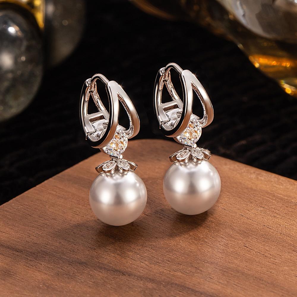 Elegant Female White Zircon Pearl Hoop Earrings Trendy Fashion Silver Gold Color Wedding Jewelry For Women