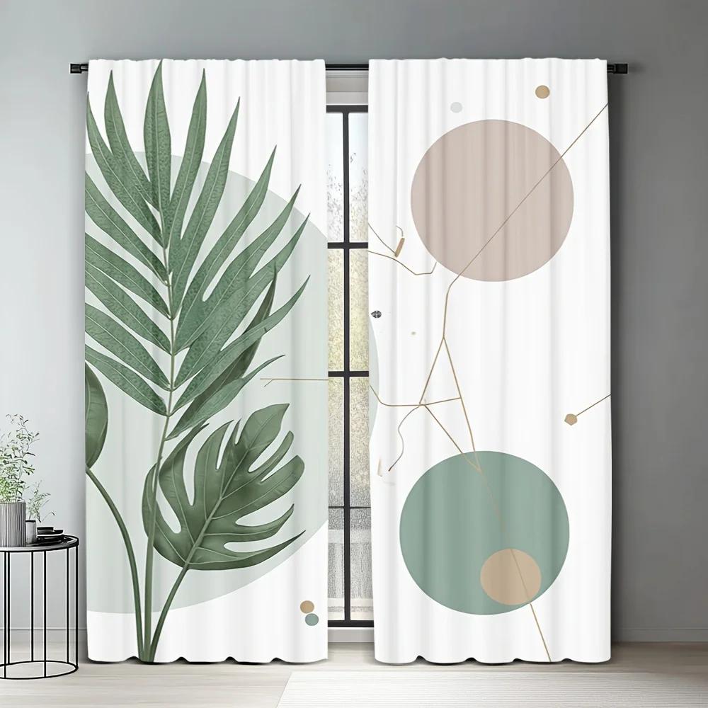 Set aus 2 modernen tropischen Blatt-Geometrie-Druckvorhängen, hochwertiges Material, ideal für tägliche Heimfenster, mit transparentem Polyester
