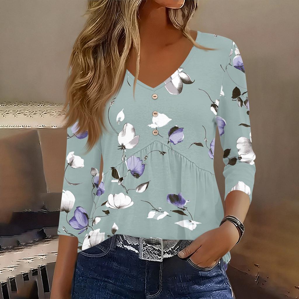 Damen 3/4 Ärmel V-Ausschnitt Knopfdetails Blumenmuster Tunika Oberteil Lässig Lockerer Schnitt Leichte Bluse
