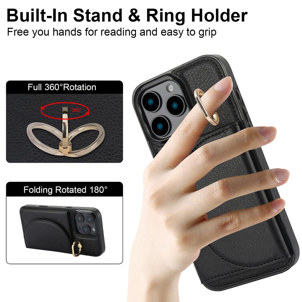 For iPhone 16 Pro Max Case RFID Blocking Wallet Kickstand Leather+TPU Phone Cover